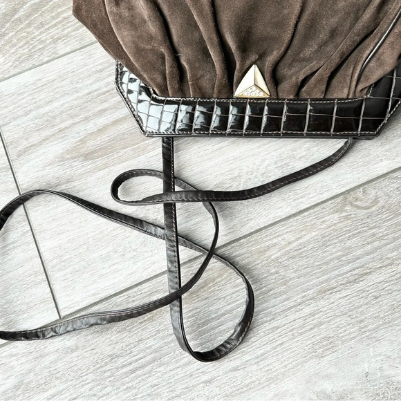 Vintage High Fashion Croc Patent Leather Suede  Leather Crossbody Clutch - Picture 6 of 15